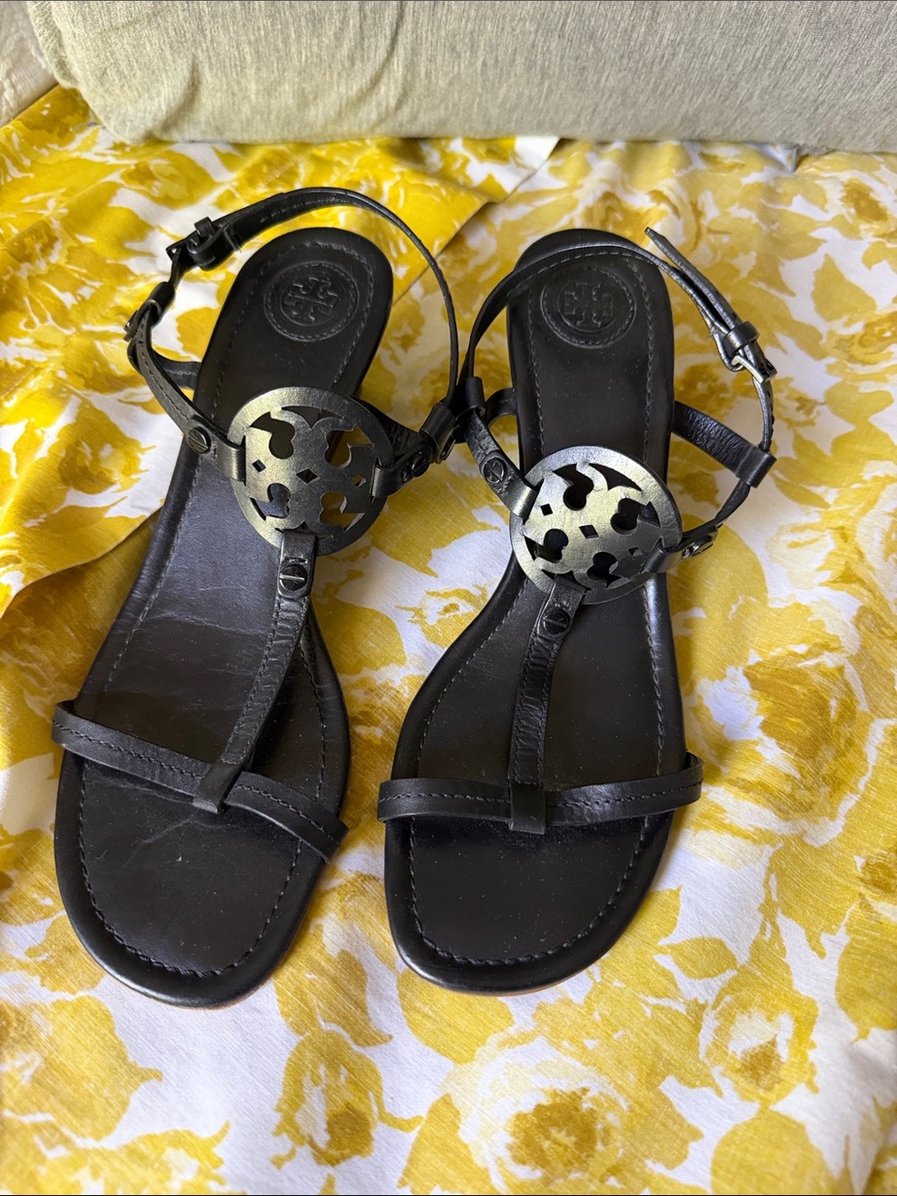 Tory Burch Black Leather Miller Logo T-Strap Sandals